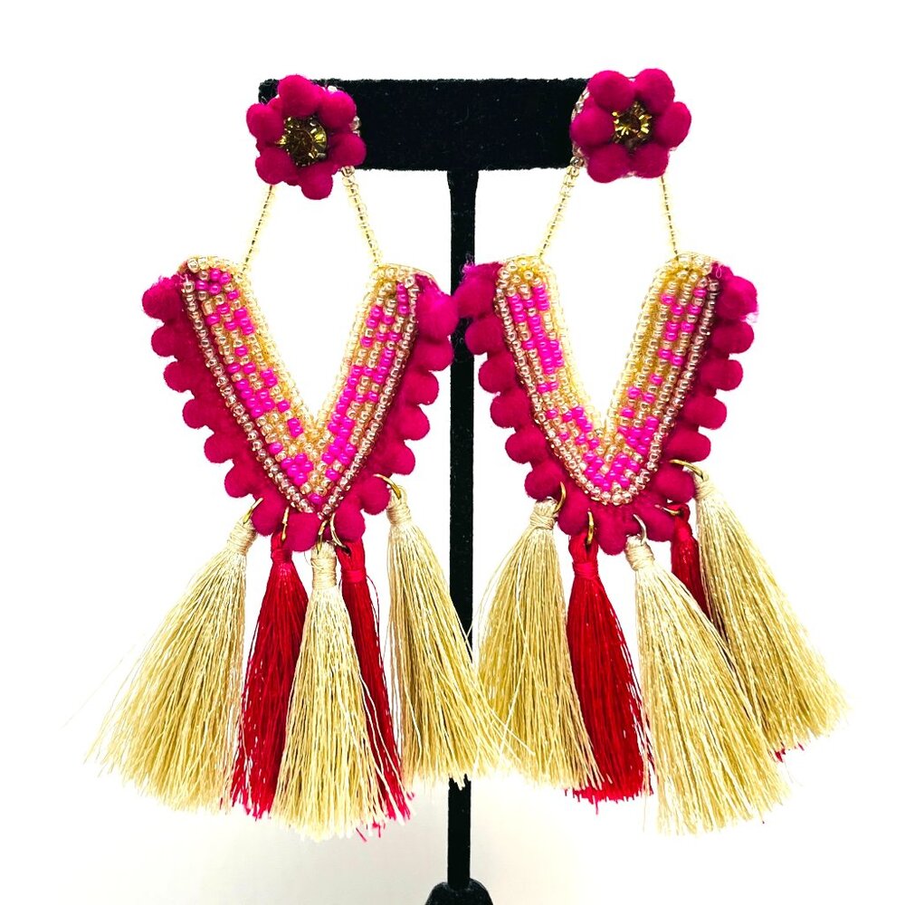 FELT FRINGE TASSEL Tassel Earrings Handmade Bead Fiesta Boho Statement Pompom